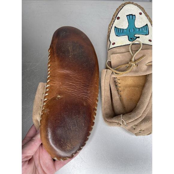 Vintage Native American Hand Painted Thunderbird Leather Moccasins 8.5/9 - Picture 6 of 7
